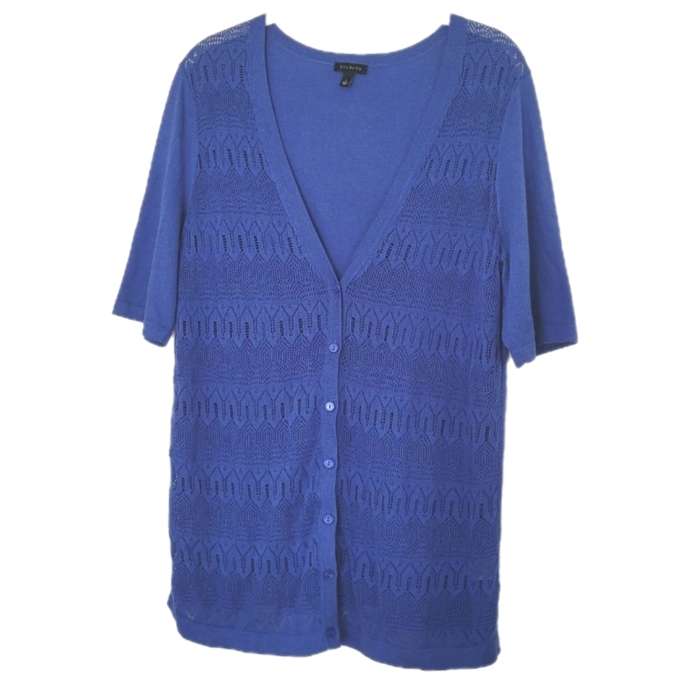 Talbots Women's Crochet Cardigan Sweater Half Sleeve Button Up V Neck Blue Large